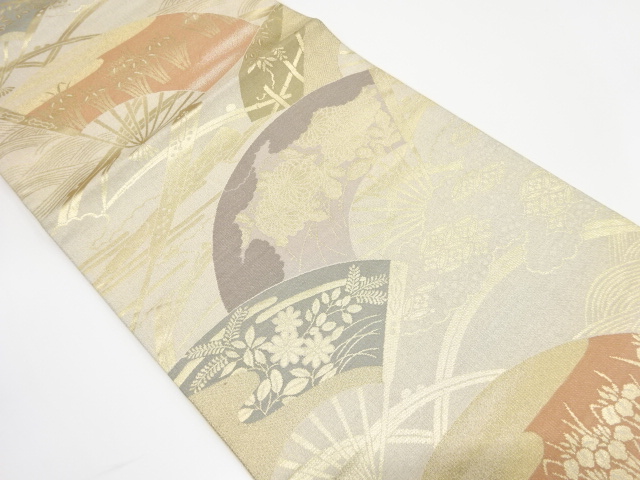 扇面に草花・流水模様織り出し　袋帯